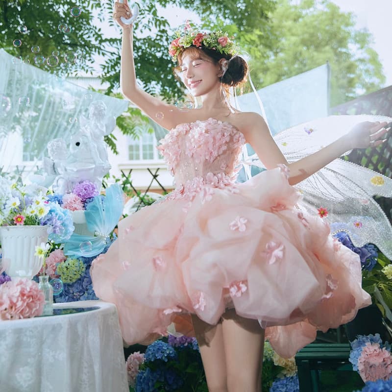 New Pink Flower Goddess Wedding Theme Photography Costume Forest Style Short Dress Birthday Party Princess Dress