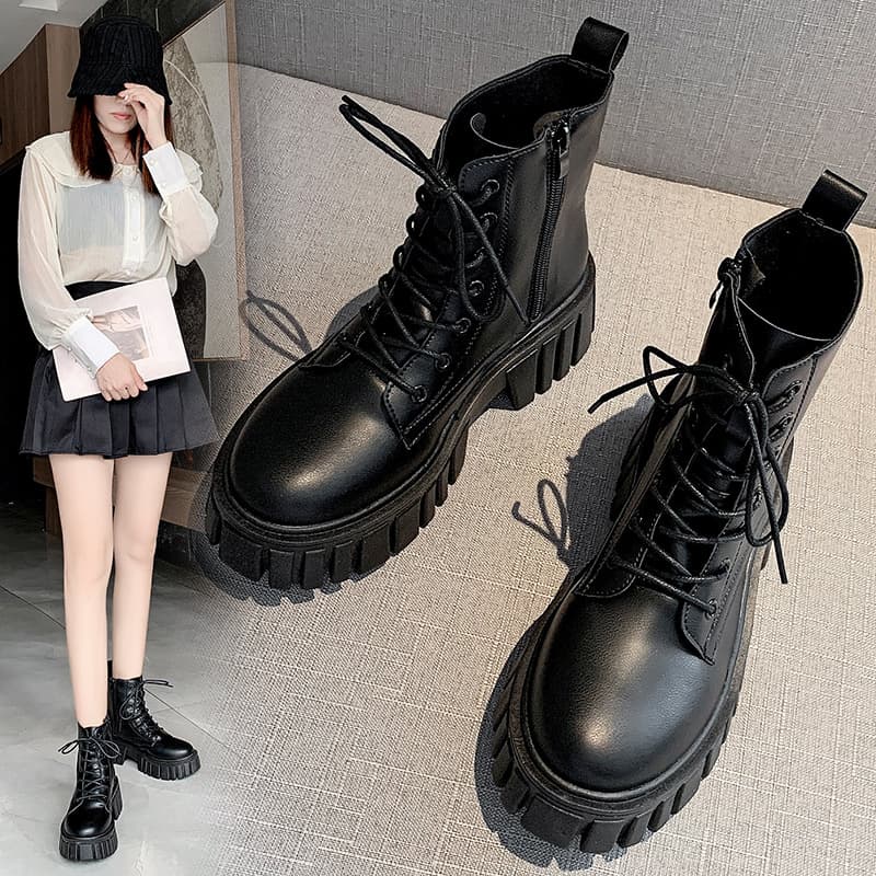 Thick Sole Lace-Up Martin Boots Women 2025 Autumn Winter New Korean Style Leather Women's Boots Comfortable Soft Sole Mid-Calf Boots for Women