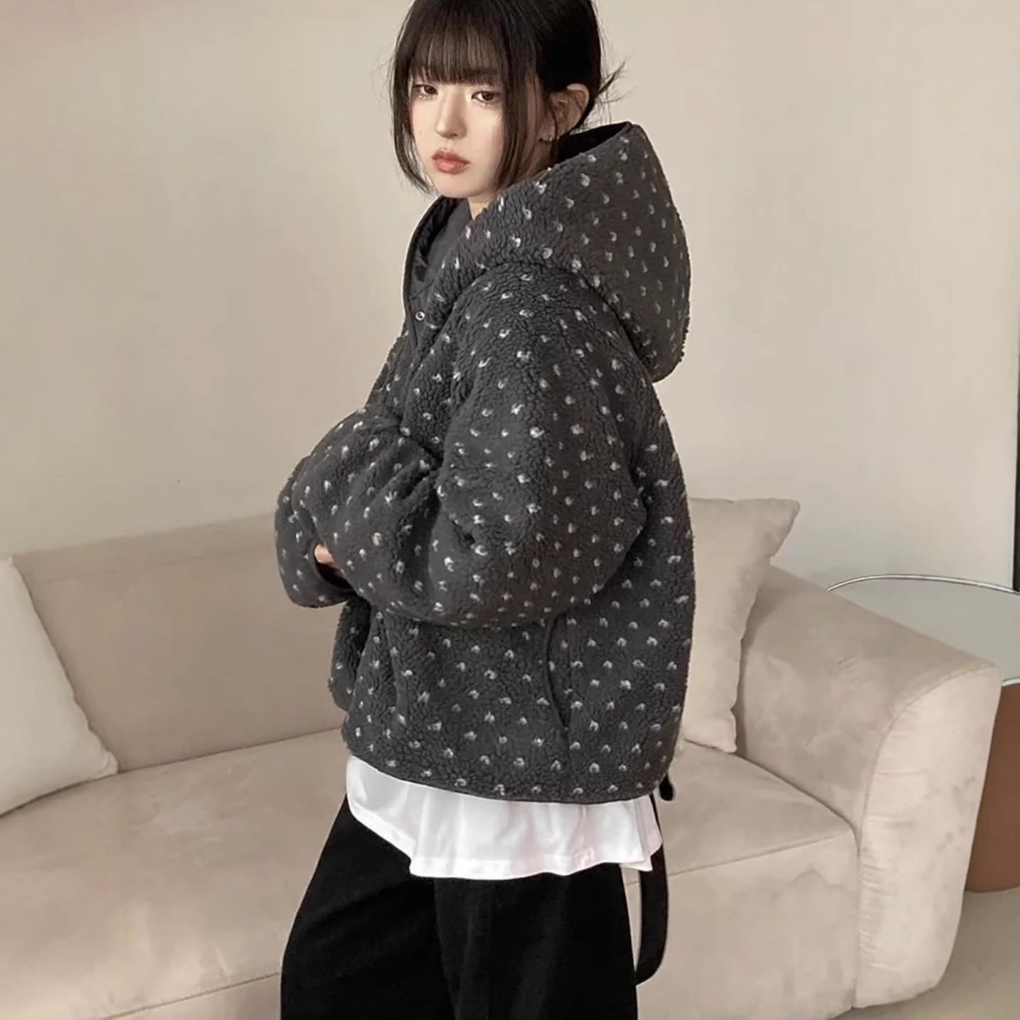 In Stock ~ Korean Style Winter Hooded Reversible Faux Shearling Quilted Jacket Coat for Women Casual