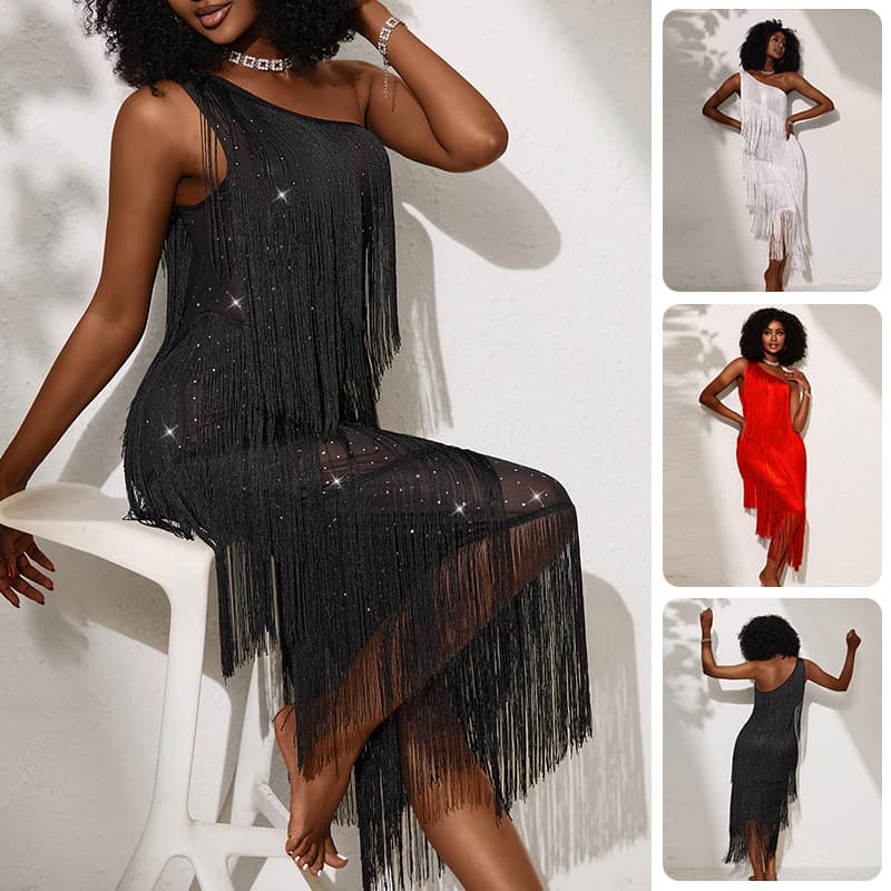 European and American Export Style One-Shoulder Sequin Fringe Dress for Women, Sheer Mesh Irregular Midi Dress 1233