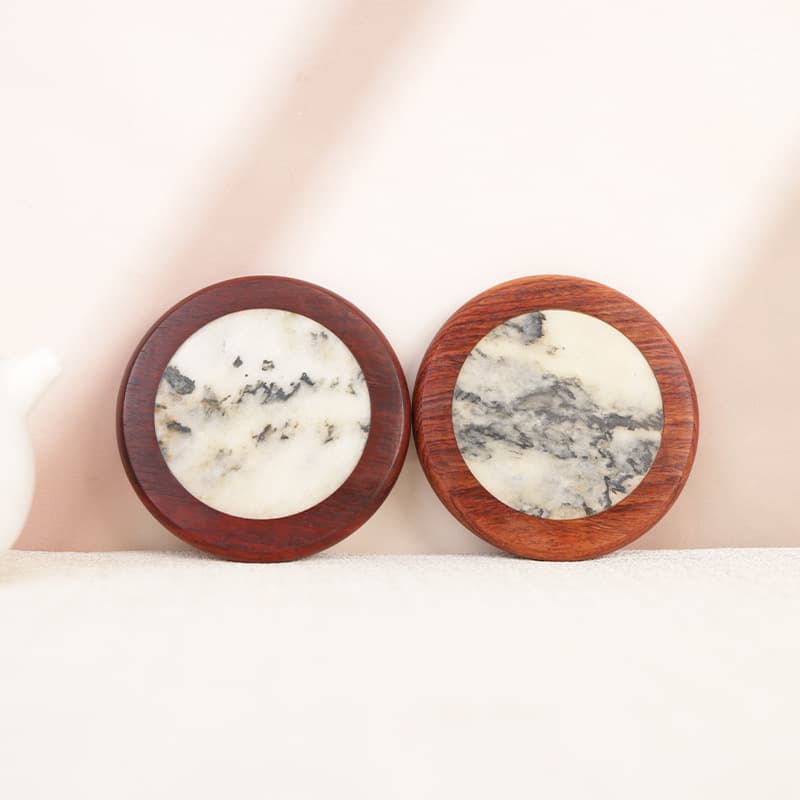 Rosewood and Marble Round Wood Slice Coaster Set, Creative Base with Tea Cup Saucer and Accessories