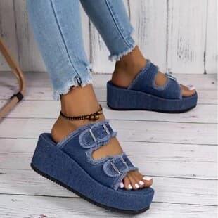 2026 New Plus Size Lame Heel Denim Belt Buckle Slip-On Sandals Women Summer Outdoor Slipper