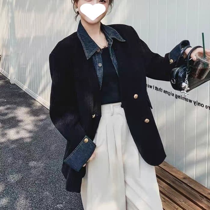 Fake Two-Piece Denim Patchwork Corduroy Women's Blazer, 2025 Autumn New Eye-Catching Elegant Suit
