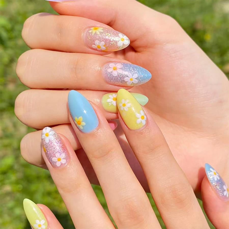 Medium Glossy Water Drop Nails European American Spring French Gradient Macaron Loose Powder Colorful Small Flower Press-On Nails 24 Pieces