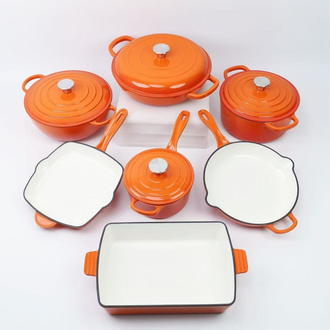 [Multi-color] Enameled Cast Iron Cookware Set 7-Piece: Dutch Oven, Seafood Pot, Frying Pan, Roasting Pan, Mama Pot, Milk Pot