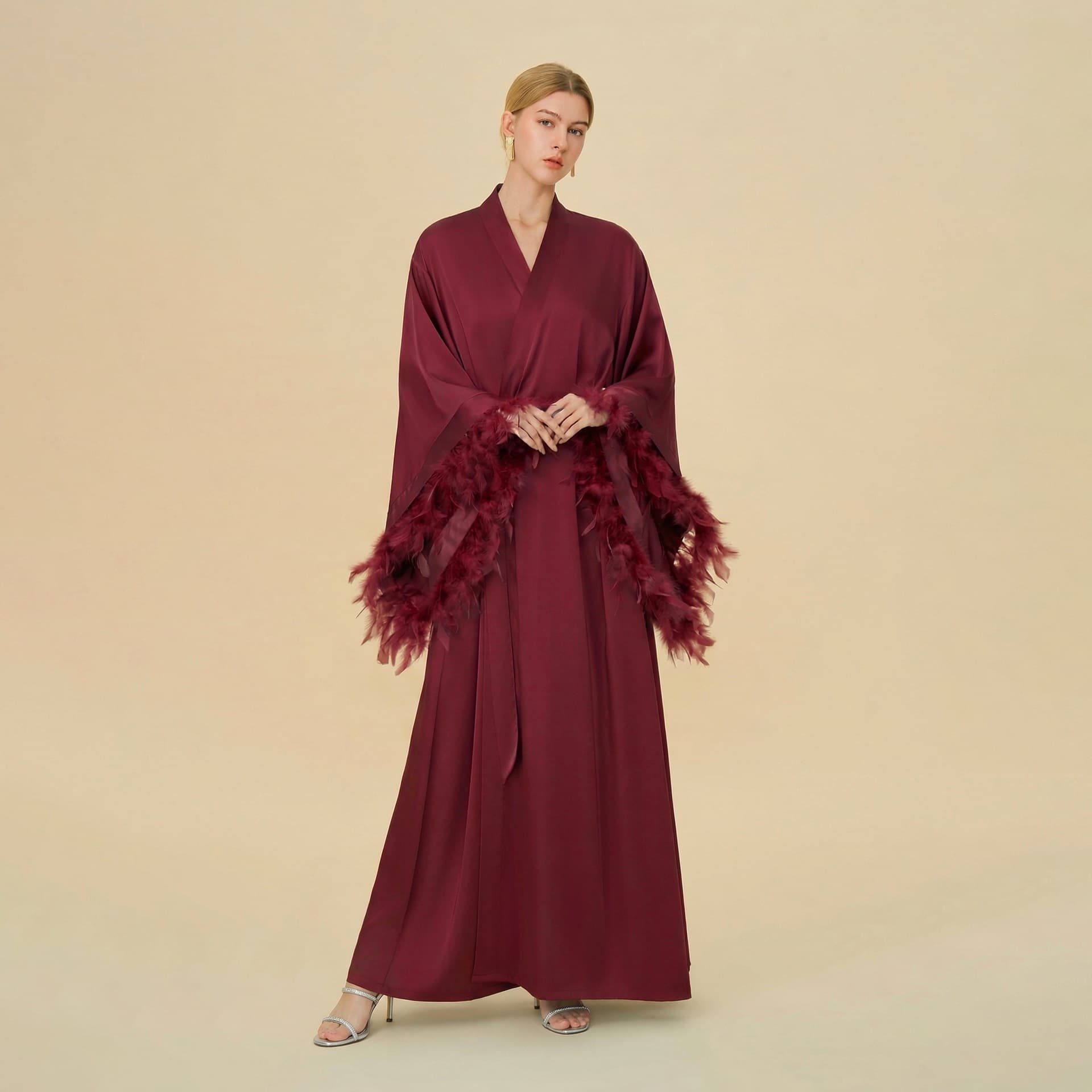 European and American Style Faux Acetate Bathrobe, Women's Sleepwear, Export Quality Gift, High-End Morning Robe, Wearable Outside, Fashionable Feather Pajamas