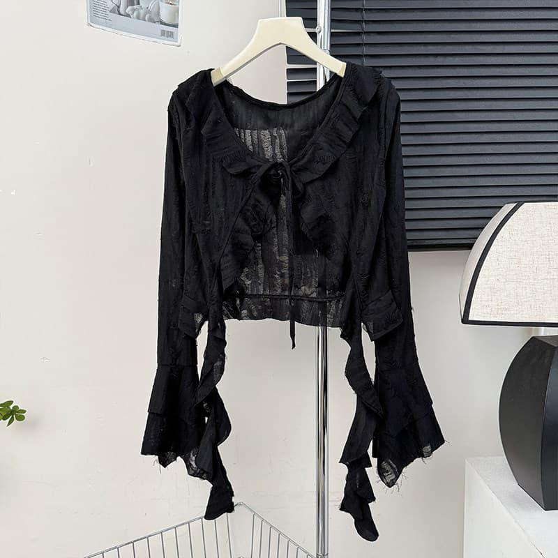 Niche Irregular Hollow Hollow Slightly Transparent Lace-Up T-Shirt Women's Autumn Hot Girl Ruffled Bell Sleeve Top