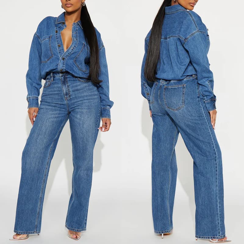 Cross-Border Denim Jumpsuit Women's New European and American Slim Waist Elastic Straight Jumpsuit Washed Suit Jumpsuit