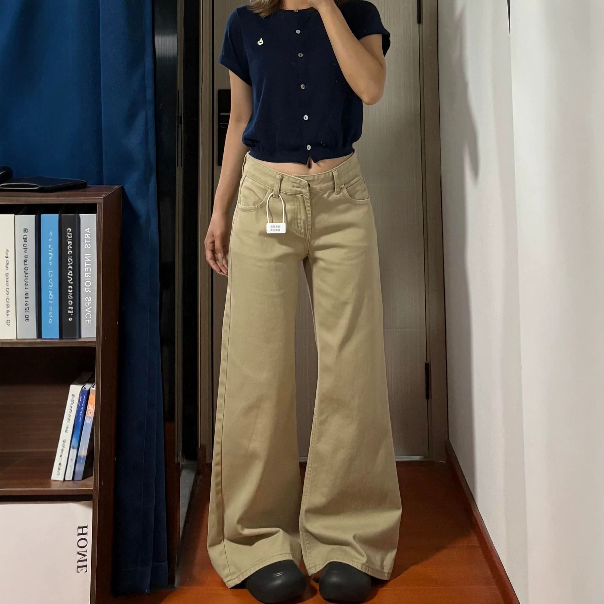 Khaki low-waisted loose bootcut jeans for women with wide legs, American retro floor-length mopping, non-leg flared pants for women