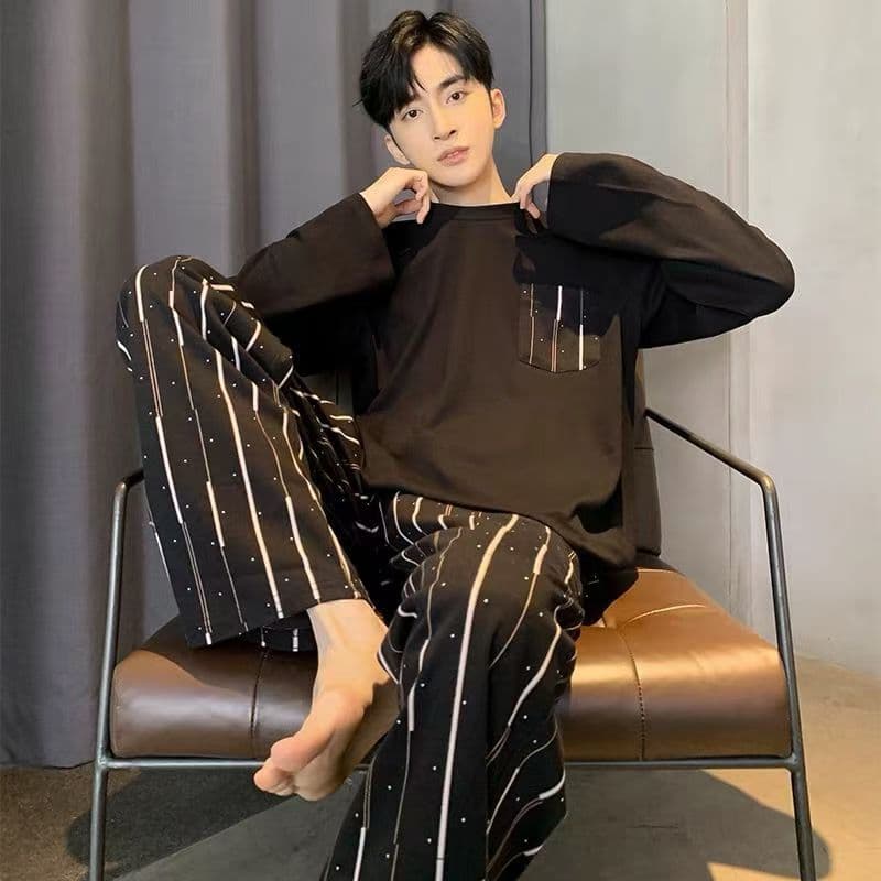 Men's Summer Long-Sleeve Simple Casual Pajama Set for Teens and Students, Direct from Factory