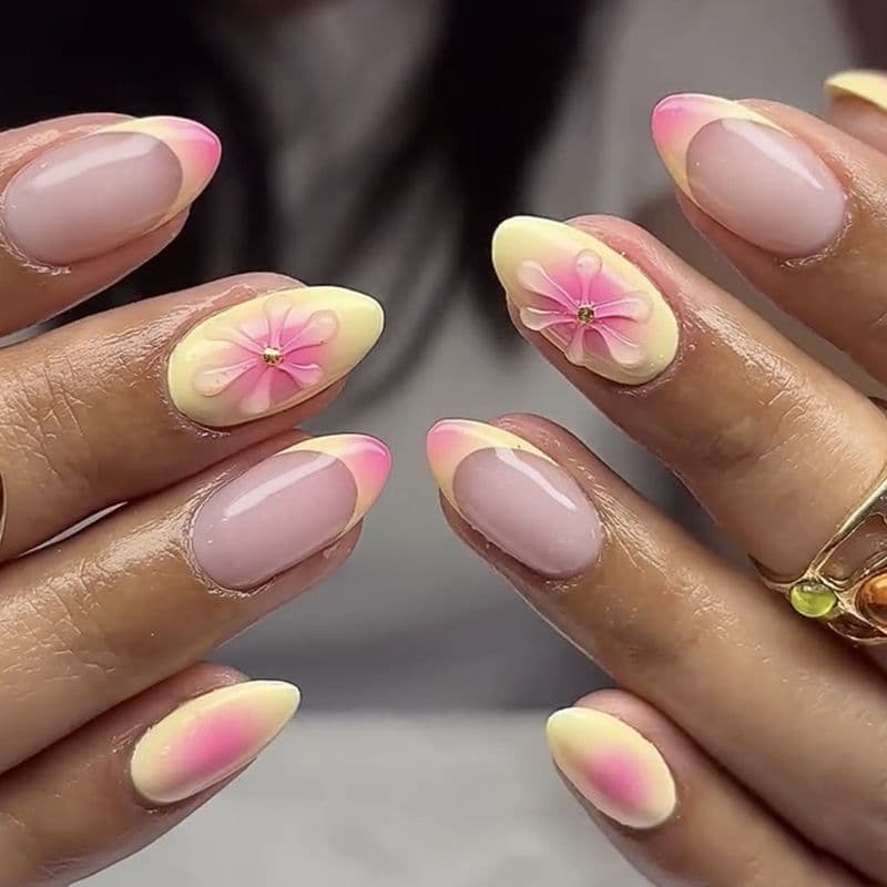 Blush Blended 3D Flower False Nails Cross-Border Hot Selling in Europe and America Wearable Nails French Yellow 24 Pieces Nail Wholesale