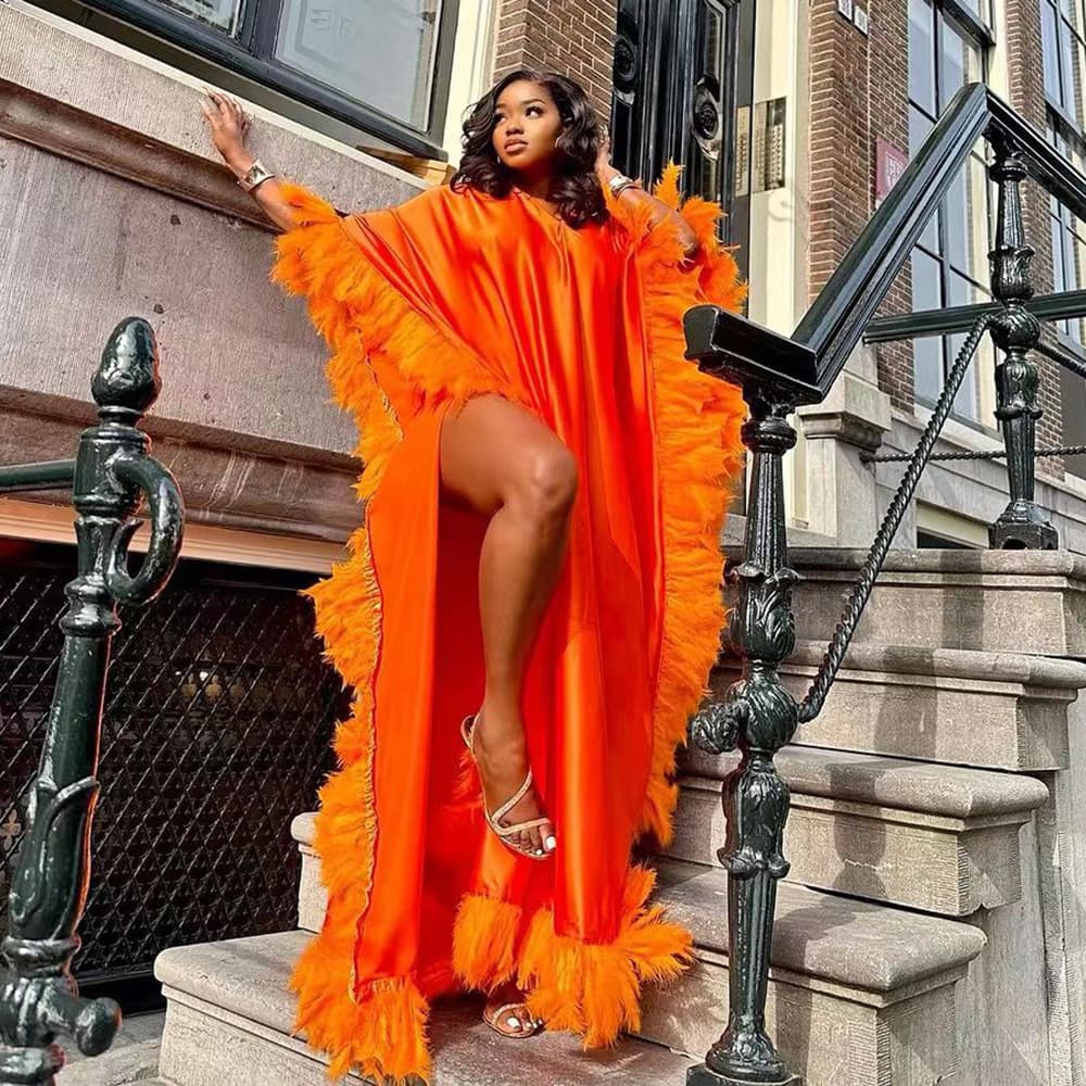 Foreign trade Africa new women's loose dress luxury full coverage lightweight feather bat sleeves high slit robe