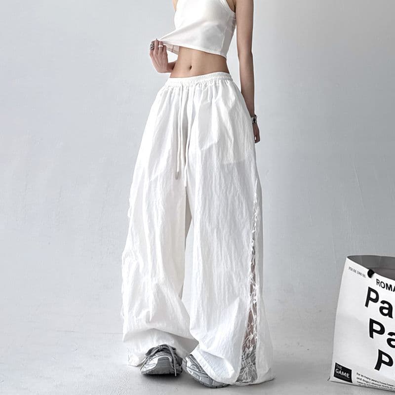 Women's Summer Thin High-Waist Loose Quick-Dry Cargo Pants with Lace Patchwork Hollow-Out Casual Sport Pants