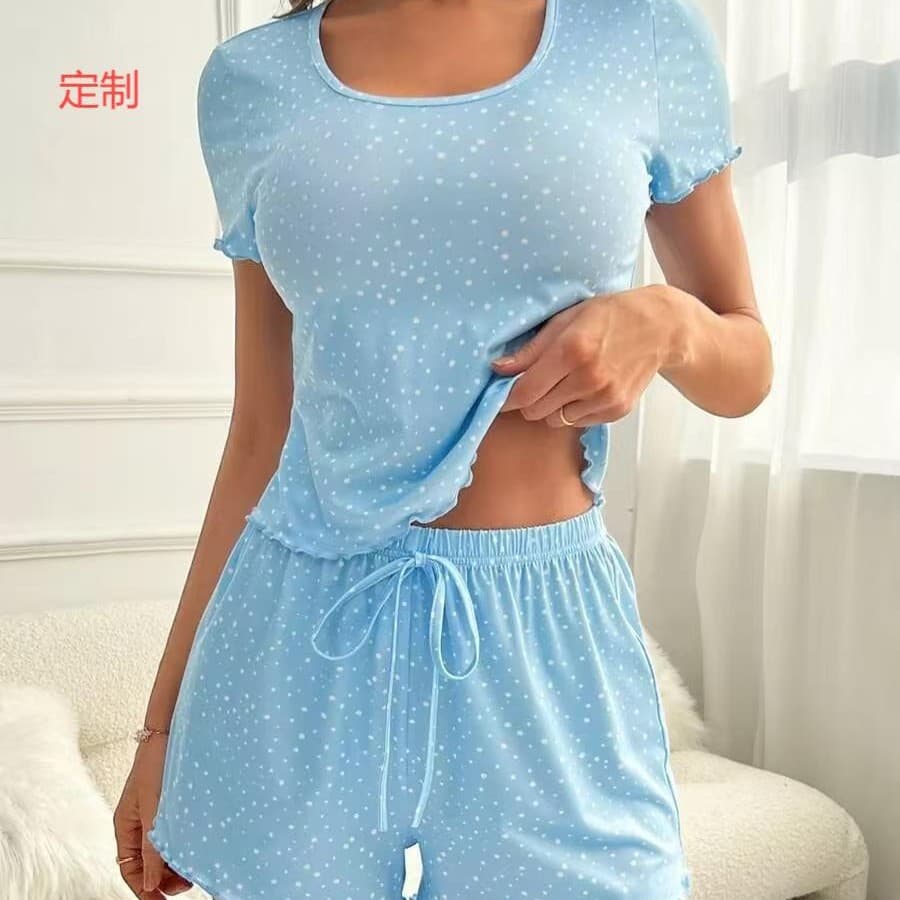 Cross-border Temu European Summer Pajama Set Casual Printed Short Sleeve T-Shirt Shorts Loungewear Set