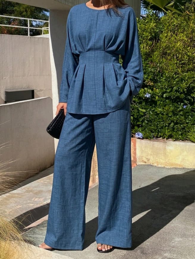 Cross-Border Women's Fashion New European and American Style Solid Color Casual Long Sleeve Top with Wide Leg Pants Tie Set