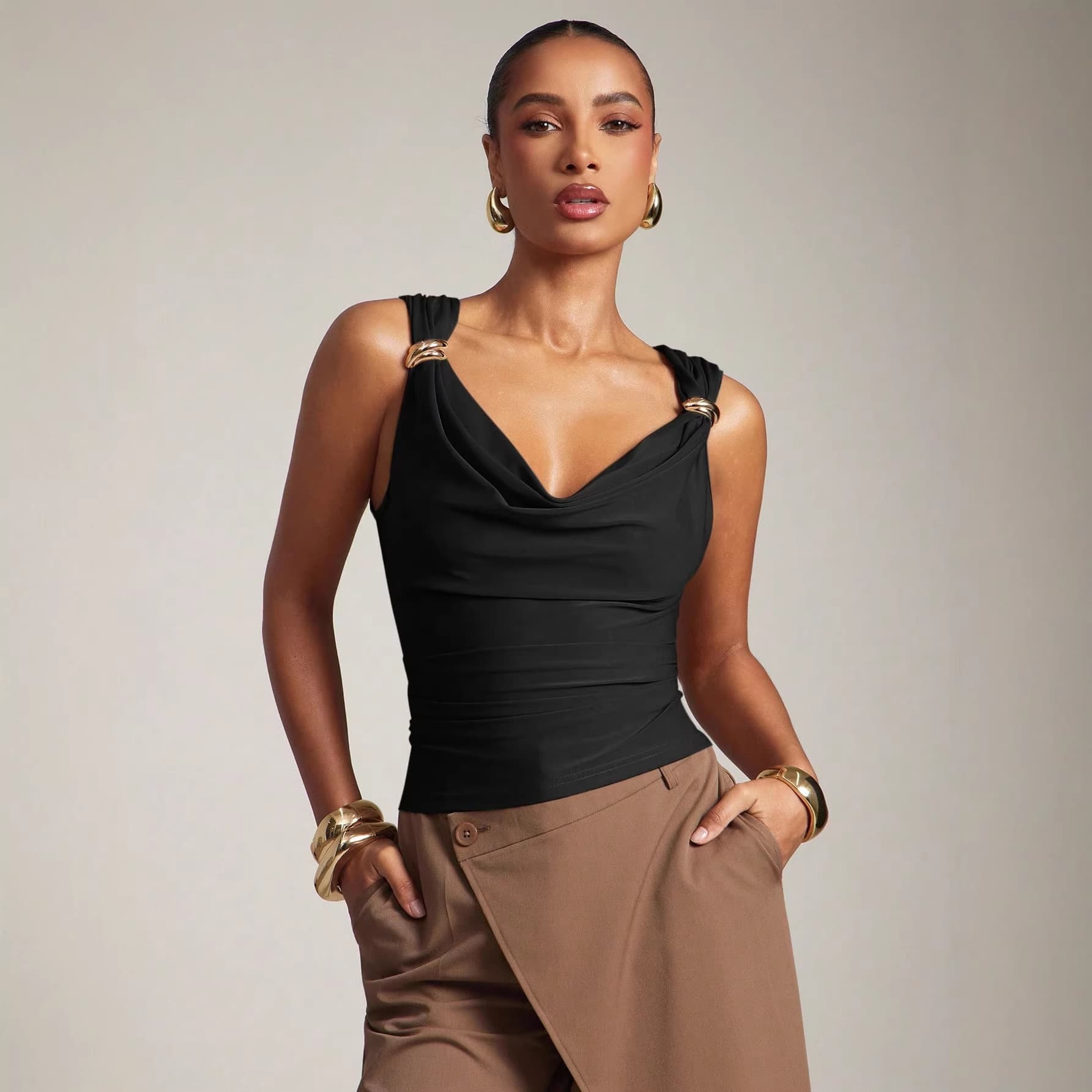 2026 Summer New European and American Style Metal Buckle Draped Neck Vest Women Slimming Side Pleated Sleeveless Top