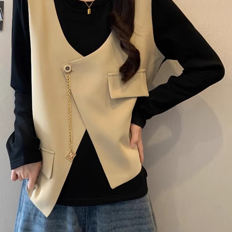 Plus Size Women's Fake Two-Piece Long-Sleeve Shirt, 2025 Spring New High-End Slimming Belly-Hiding Asymmetric Top
