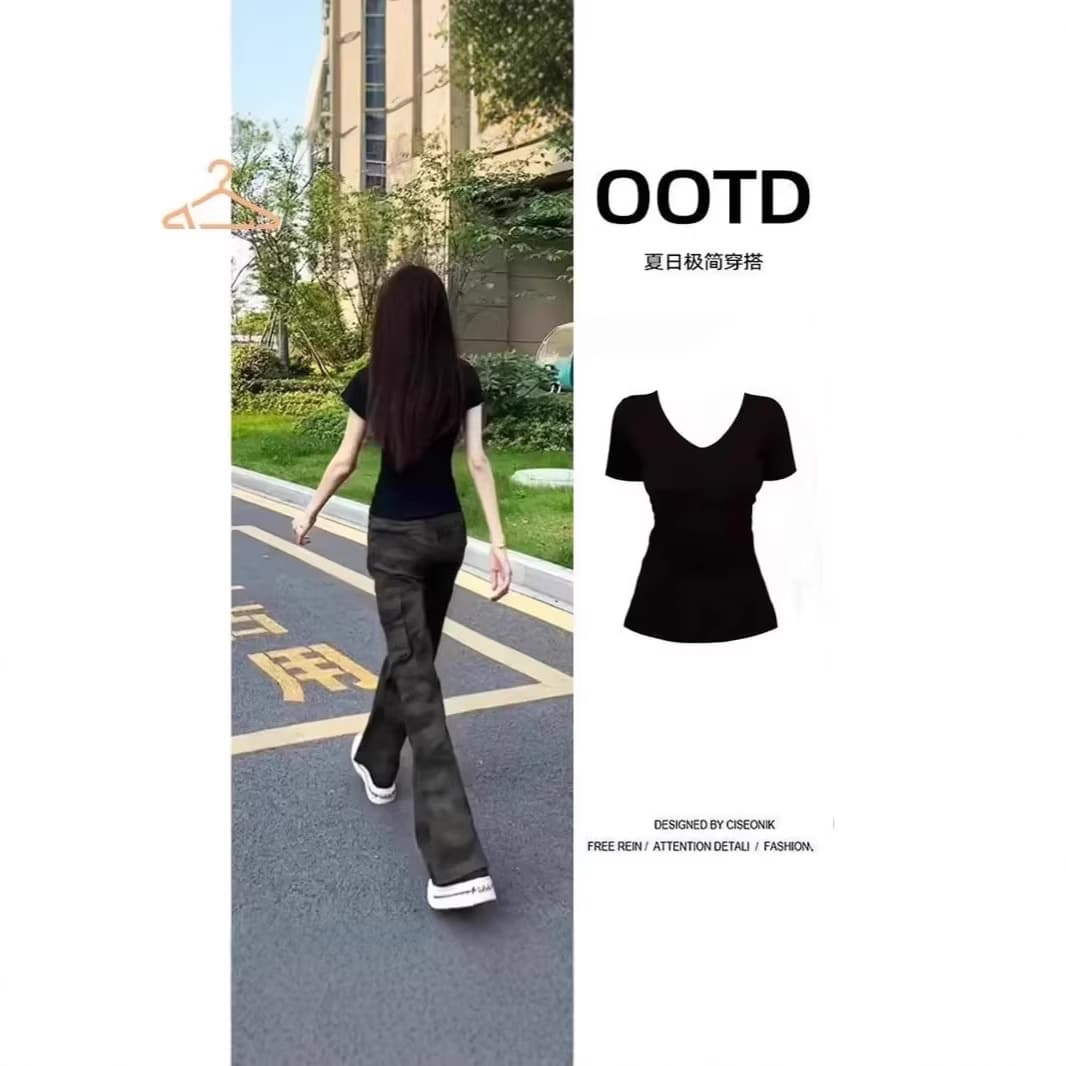 New Slim Short Sleeve Figure Flattering Basic Square Neck V-Neck T-Shirt 2026 Summer Hot Girl Versatile Cotton Top Ins Fashion
