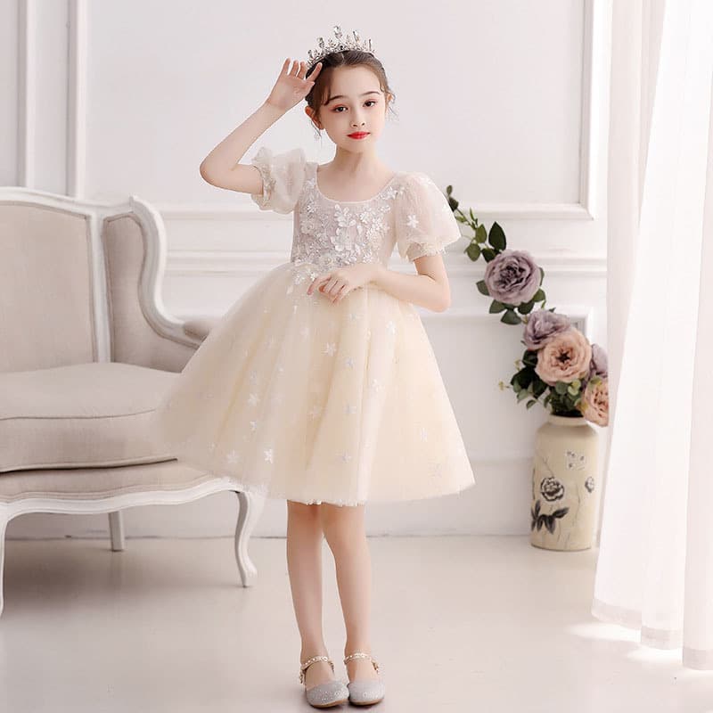 Girls Dresses 2026 Spring New Champagne Color Long Princess Dress Girls Puffy Gauze Wedding Dress Evening Dress for Women