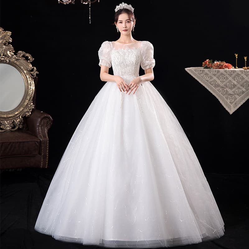 French Wedding Dress 2026 New Summer Short Sleeve White Bride Court Style Dreamy Slim Fit Floor-Length Wedding Gown