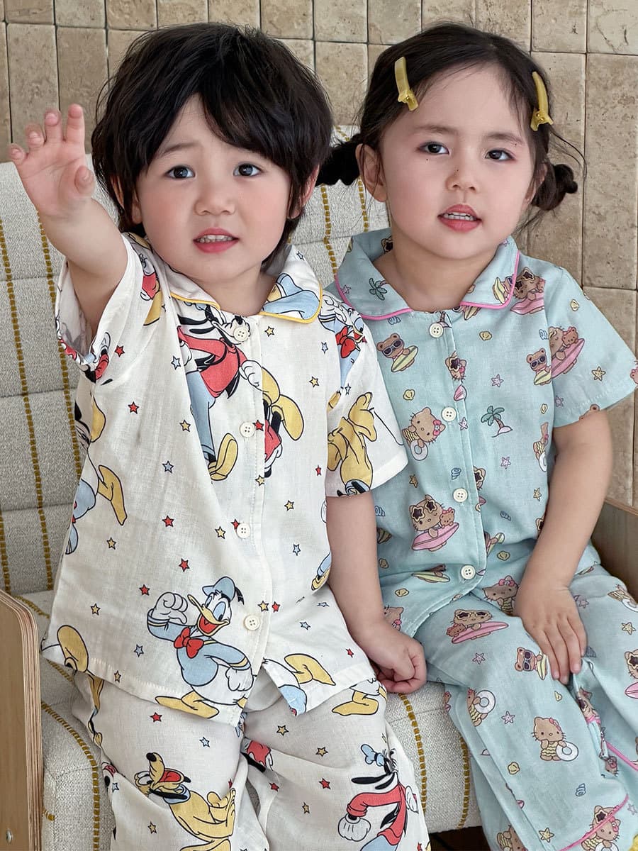 Children's Cotton Gauze Pajamas Spring Summer New Short Sleeve Long Pants Boys Girls Cute Loungewear Baby Pure Cotton Two-Piece Set