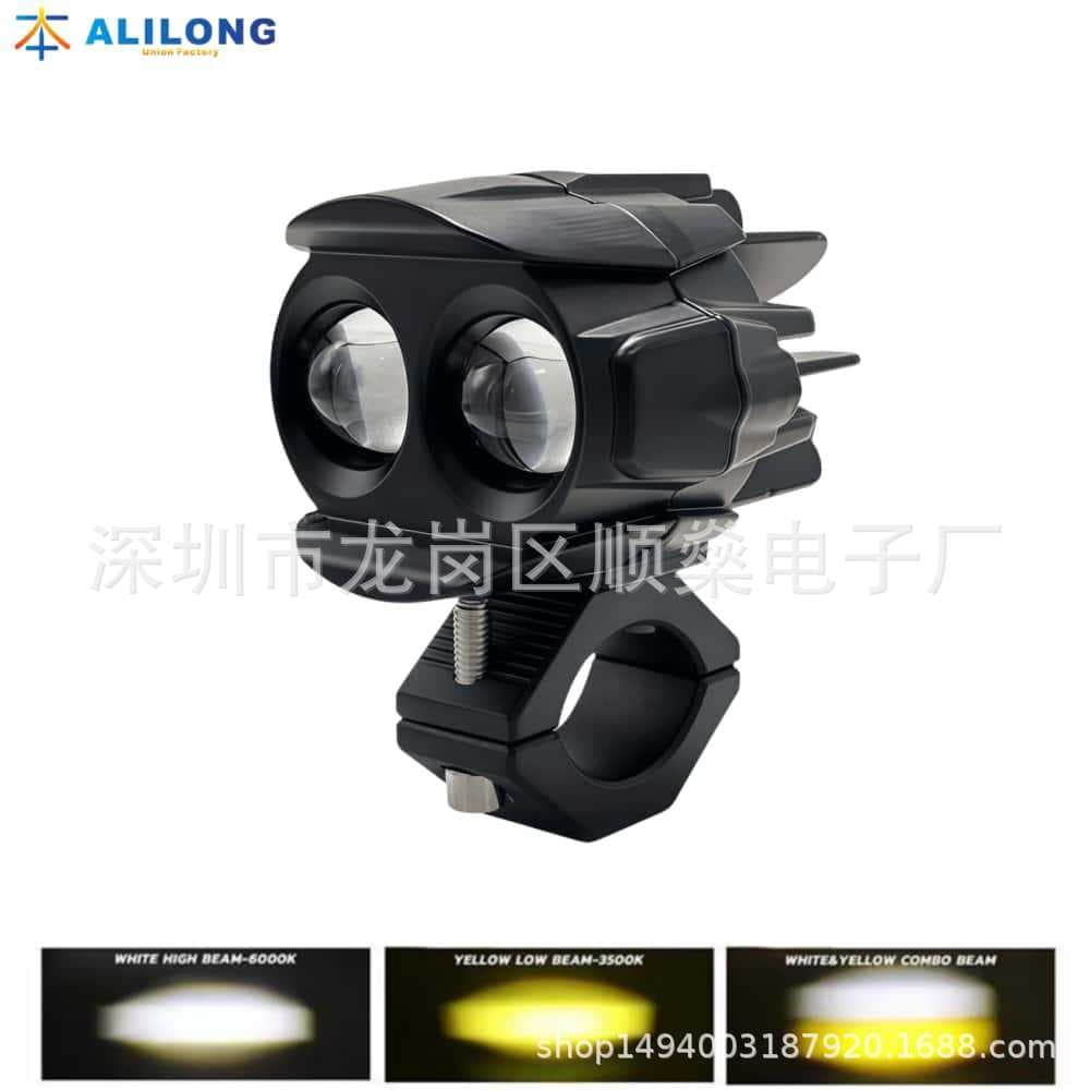 Cross-border Motorcycle External Waterbird LED Spotlight Yellow White Dual Color Electric Motorcycle Headlight Super Bright Road Illuminating Spotlight