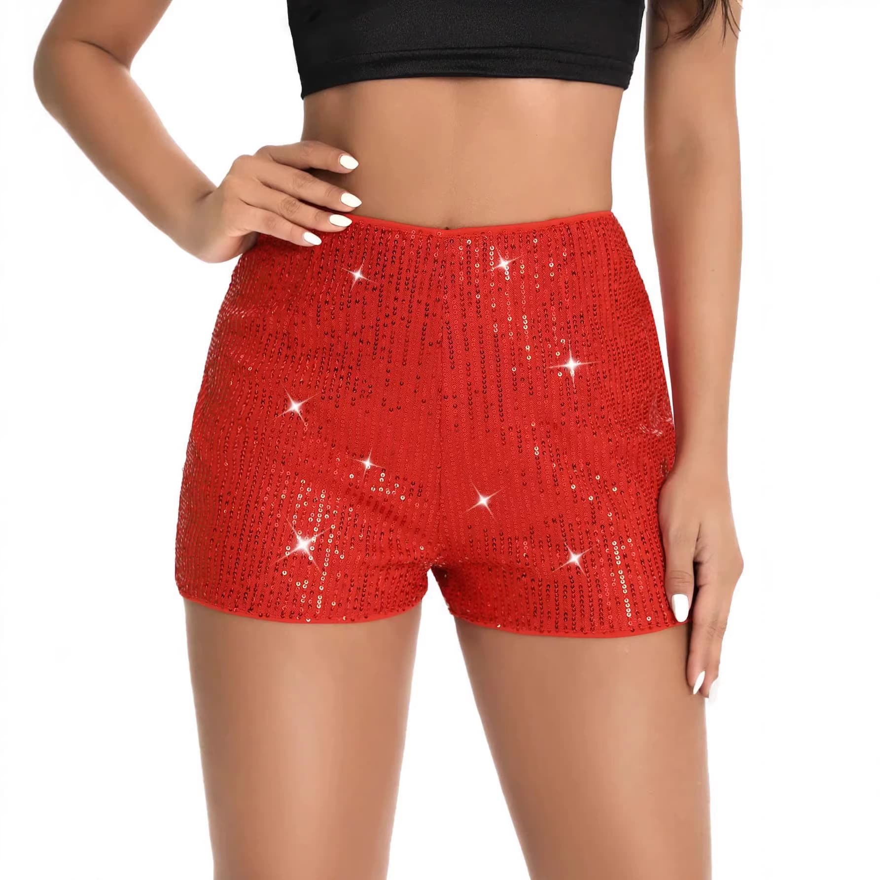 2026 Amazon Sequin Slim Fit Hot Pants Sequins Solid Black Mid-Waist Straight Leg Women's Shorts Street Fashion Slim Fit