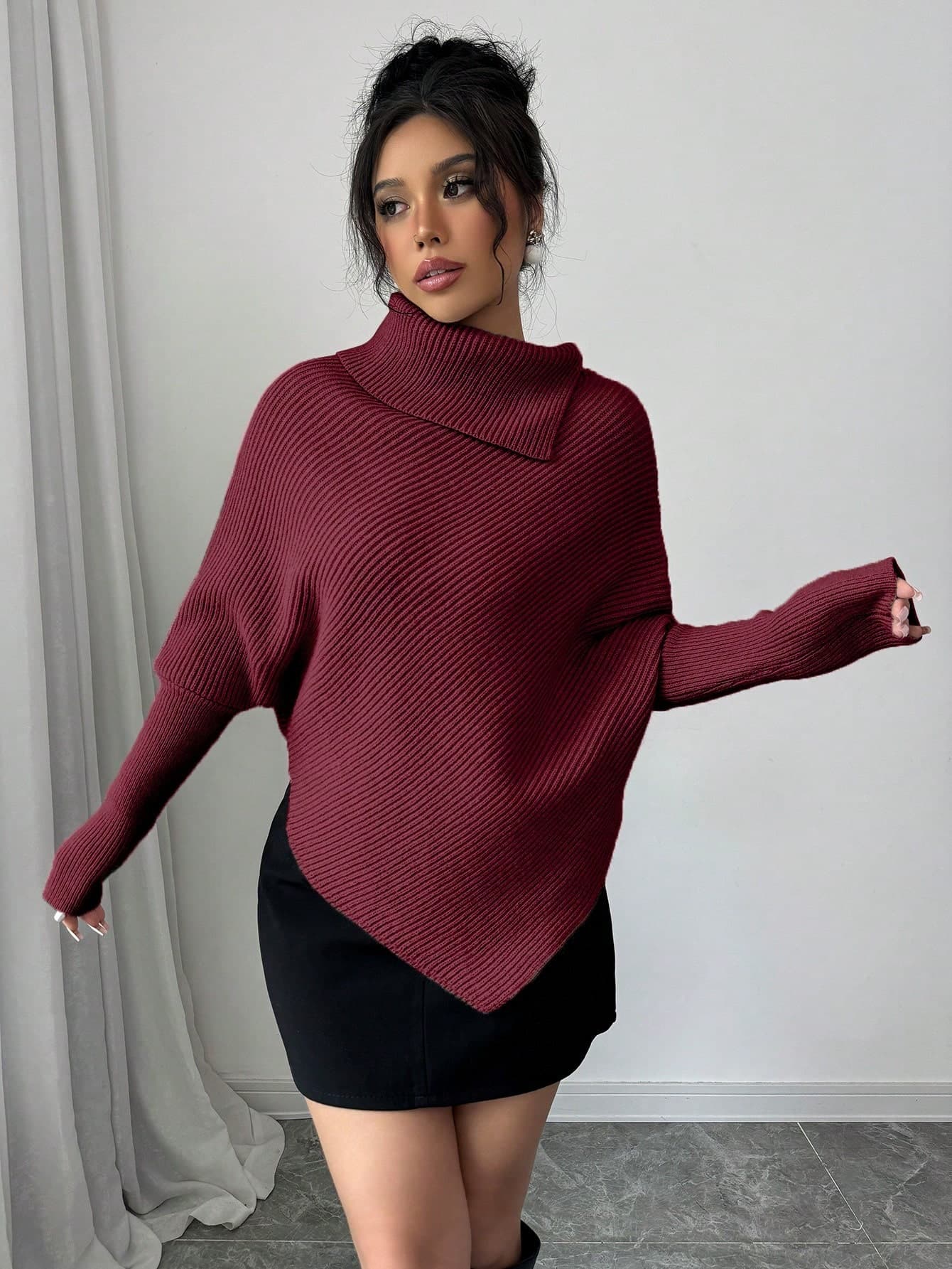 Cross-border Best Seller Fall/Winter Women's Irregular Hem Long-Sleeve Knit Sweater, Simple Solid Color, Loose and Casual Style