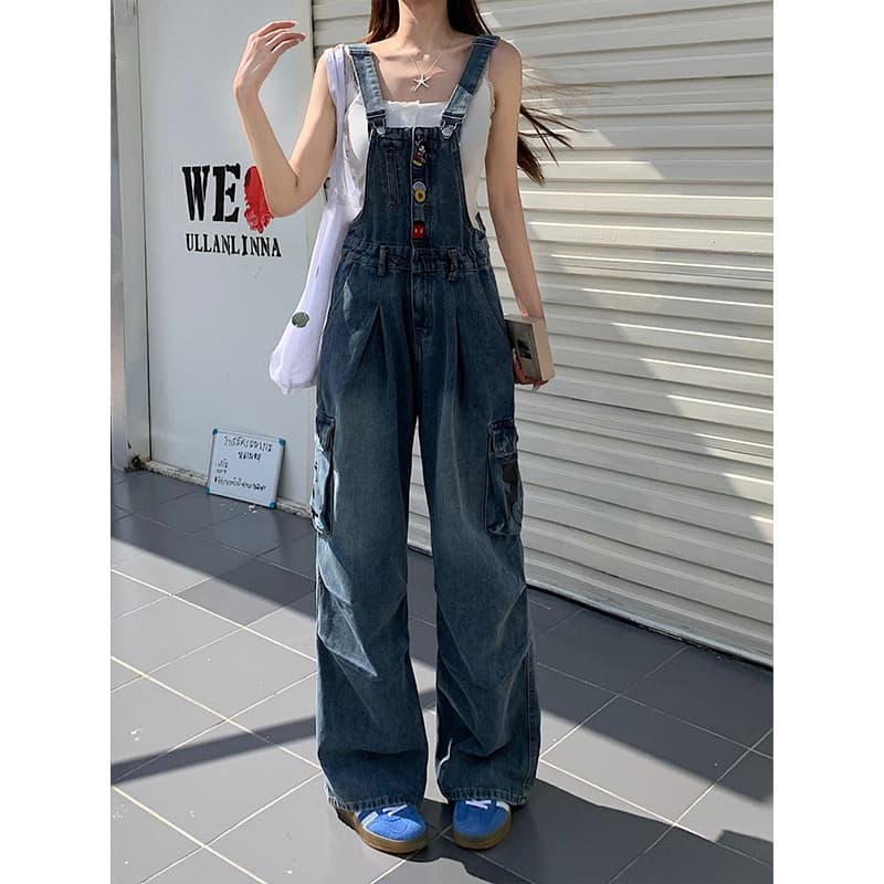 Korean Lazy Style Suspender Pants for Women, Summer Loose Straight Leg, Age-Reducing, Slimming, Versatile Dark Blue Denim Jumpsuit Trend