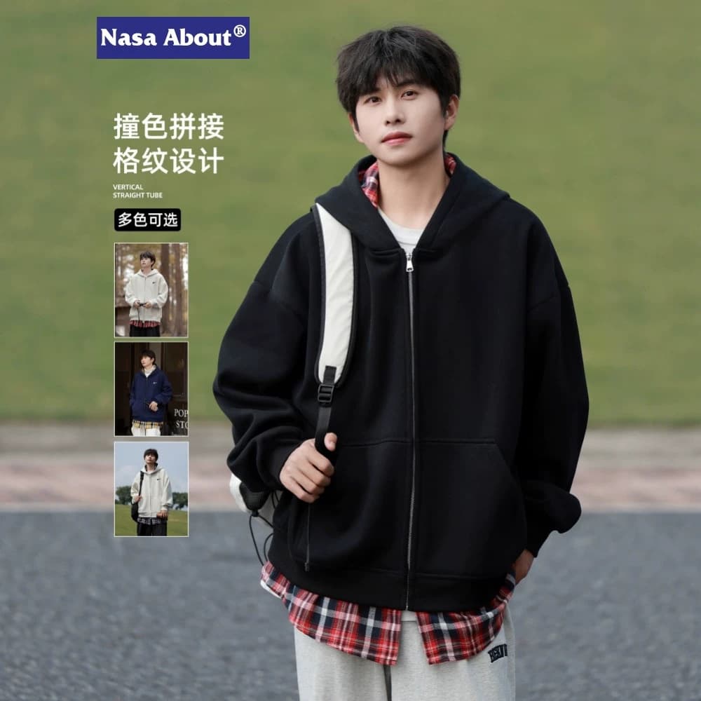 NASA ABOUT Plaid Patchwork Two-Piece Hoodie Cardigan for Men Spring/Fall Loose Casual Cool Jacket Coat