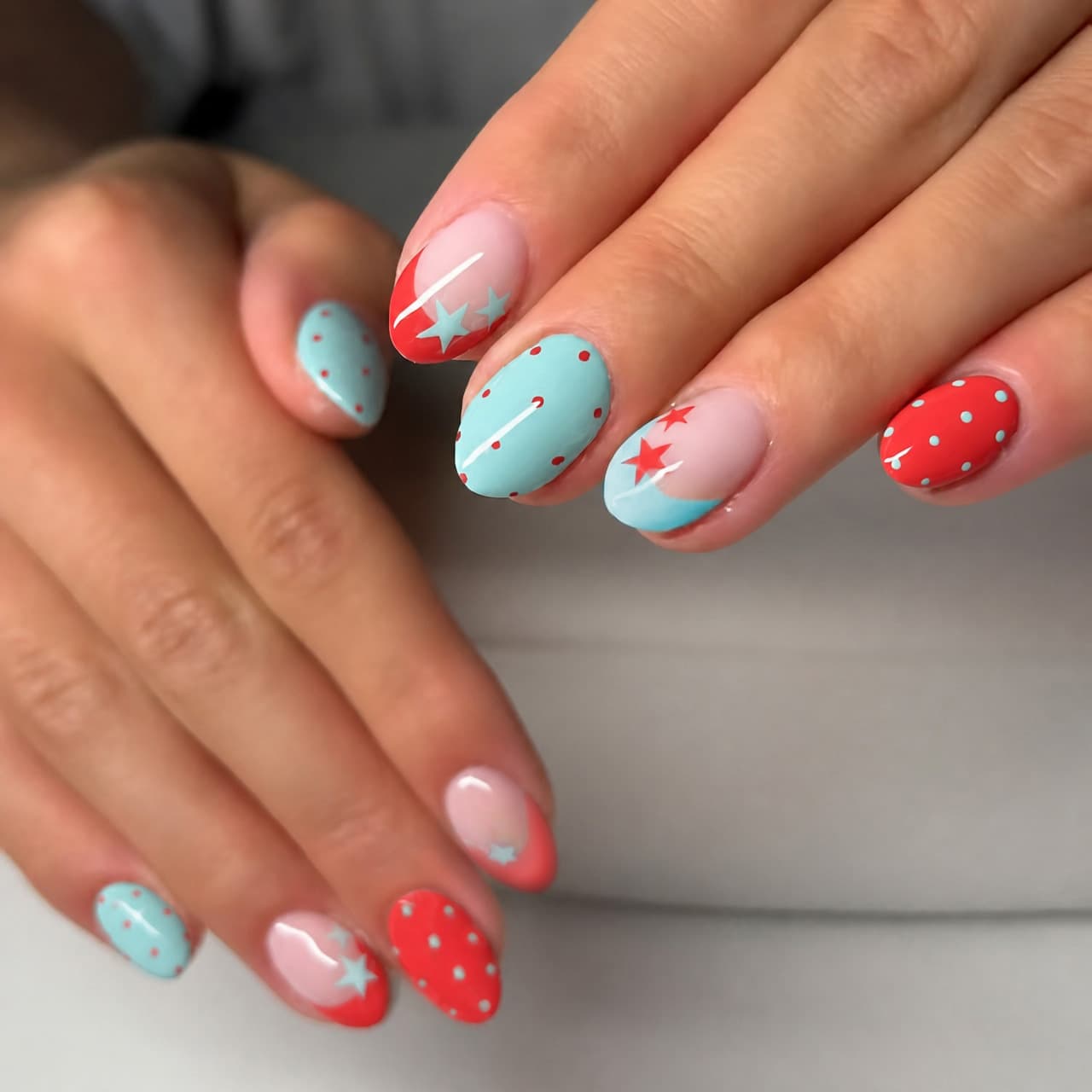 X-0215 Cross-border Wearable Nails Red White Blue Stars Stripes Dots Oval Press-on False Nails