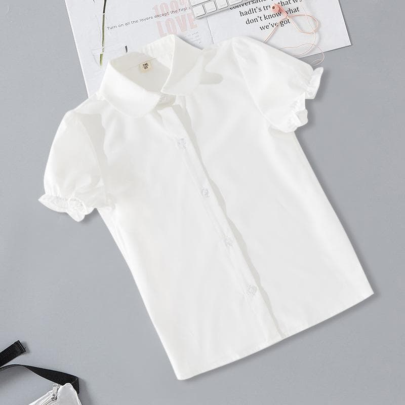 Girls' White Short-Sleeve Shirt for Older Children, Elementary School Students, Versatile Stylish School Uniform Shirt, Summer JK Uniform Long-Sleeve