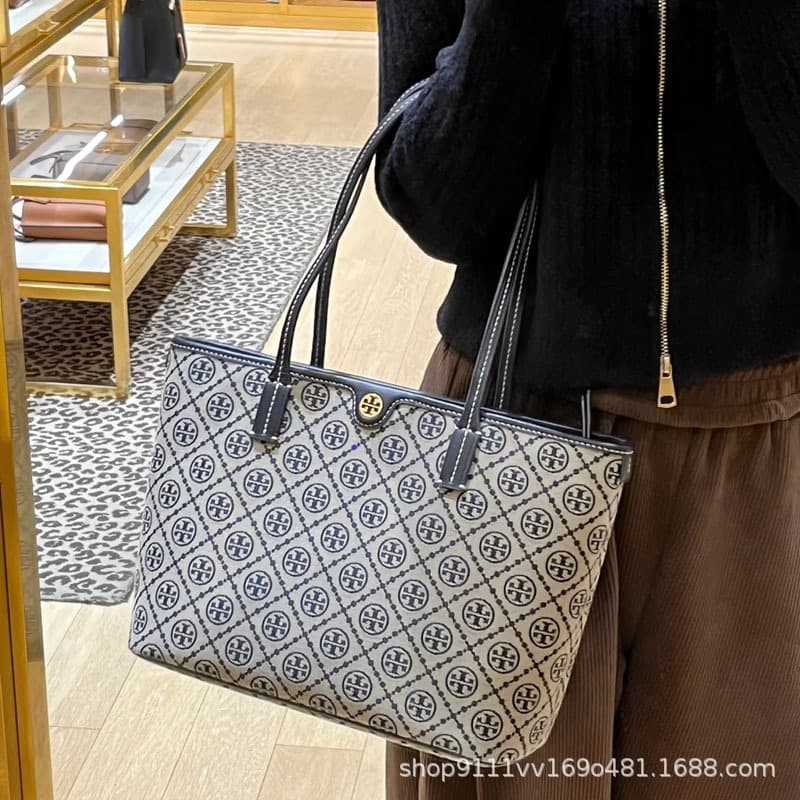 New TB Monogram Jacquard Canvas Tote Bag Mother-Child Shopping Bag Commuter Bag Large Capacity Shoulder Bag