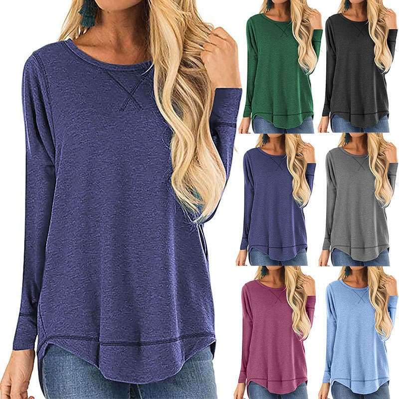 Amazon Women's 2026 Autumn/Winter Round Neck Long Sleeve T-Shirt Solid Loose Fit Top Asymmetrical Hem Tunic T-Shirt