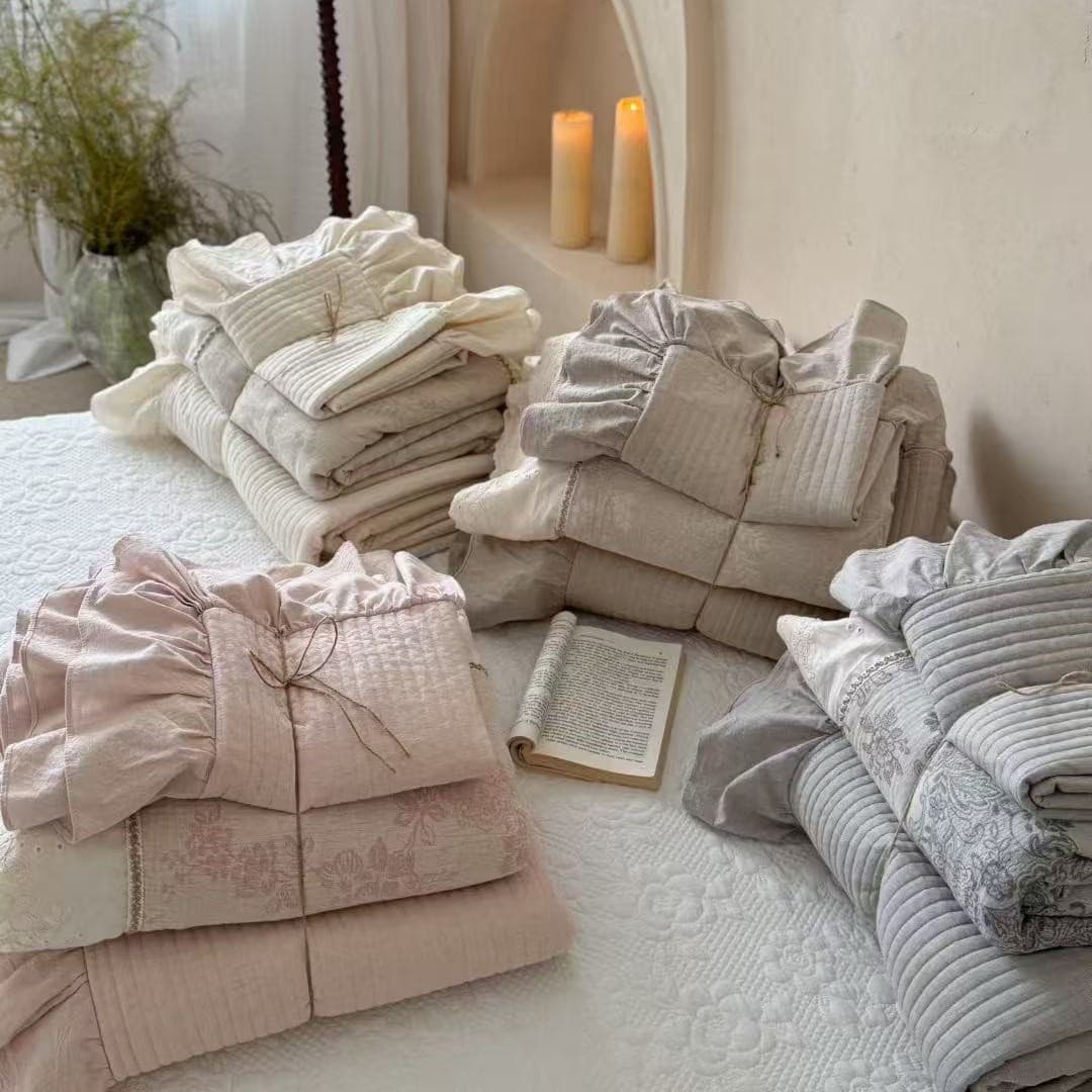 French Vintage Style Cotton Linen Bedding Set 4-Piece Bed Cover Style Skin-Friendly Korean Lace Trim Linen Duvet Cover Sheet Four Seasons