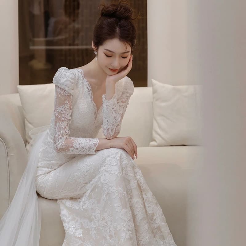 Lace Long Sleeve Light Wedding Morning Robe 2026 New Style Bride French Going-Away Greeting Dress Floor-Length Mermaid Gown