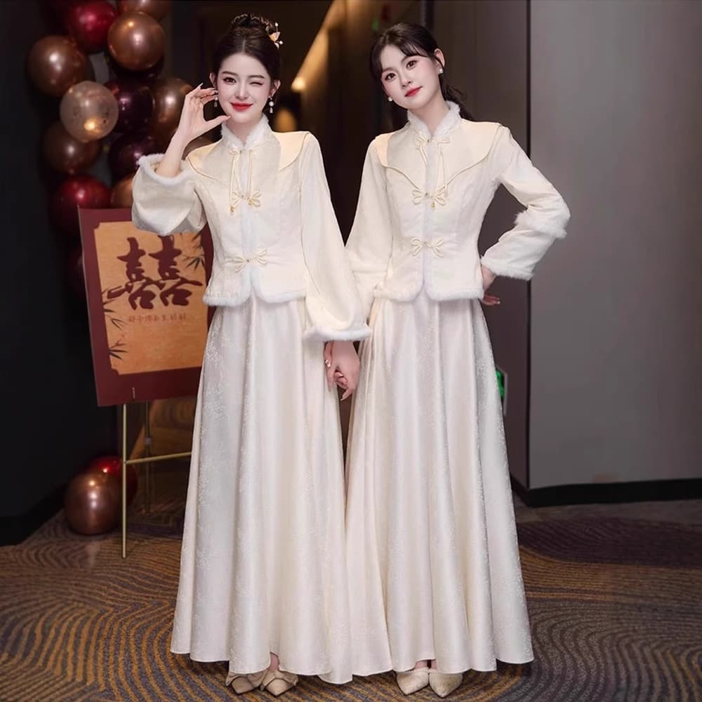 Chinese-style bridesmaid dress for spring and autumn weddings, sisters' group cheongsam, national style annual meeting long-sleeve gown for women, wearable for daily occasions