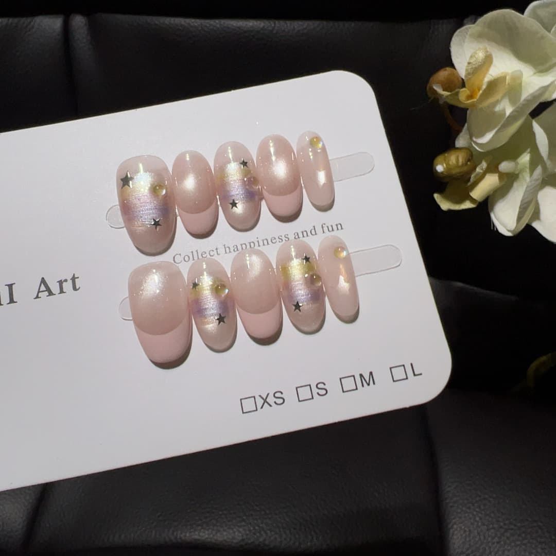 [Pink Satin Magic Star] Naked Pink Gradient Semi-French Soft Light Cat Eye Aurora Satin Silver Star Mini Round Diamond Wear Nail