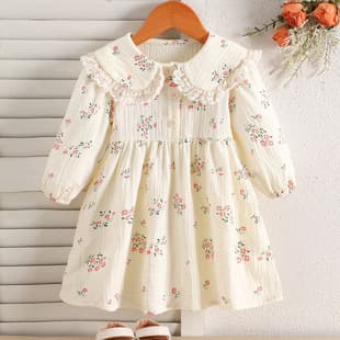 Girls Dress Spring and Fall New Long-Sleeve Floral Ruffle Dress, Korean Style Doll Collar Cotton Dress for Baby Girls