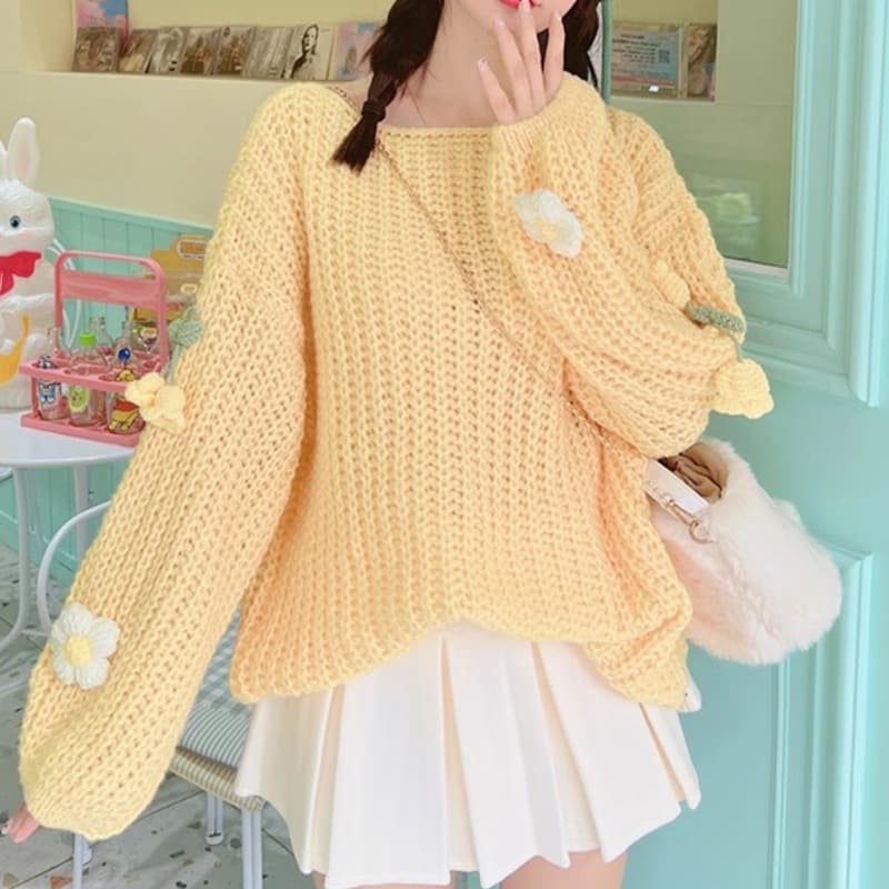Japanese Sweet 3D Floral Loose Pullover Sweater for Women, Autumn/Winter Lazy Style Bubble Sleeve Versatile Knit Top Thick