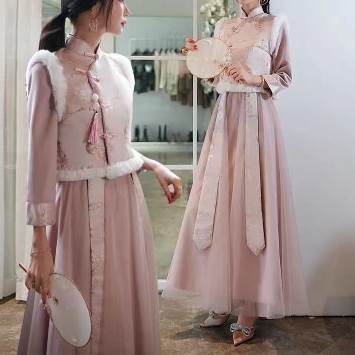 Chinese Style Bridesmaid Dress 2025 Chinese Style Thickened Warm Three-Quarter Sleeve Xiuhua Sister Squad Evening Gown for Women Winter Version Cross-Border