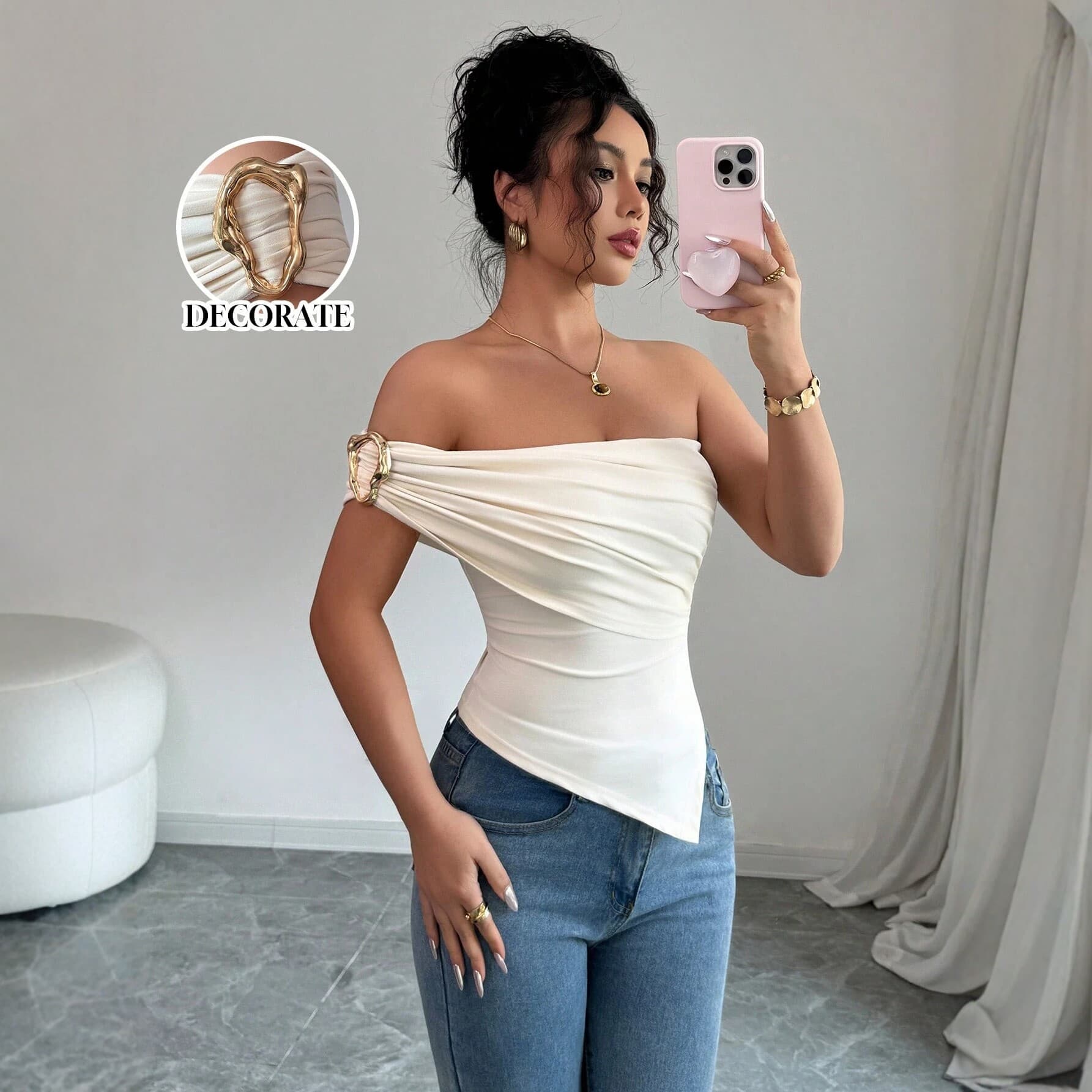2026 European and American Hot Girl Style Off-Shoulder Metal Button Trim Fitted Tube Top for Women, New Summer Sexy Bare Shoulder Vest