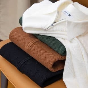 Winter Thick Knit Thermal Waffle Half-Zip White Polo Shirt Men Long Sleeve Sweater Turn-Down Collar Sweatshirt
