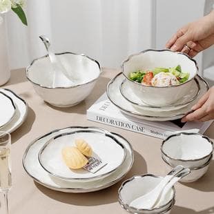 Light Luxury Silver Rim Bowl Plate Set Home Dinnerware Set 2024 New Housewarming Bowl Home Ceramic Bowl High Appearance