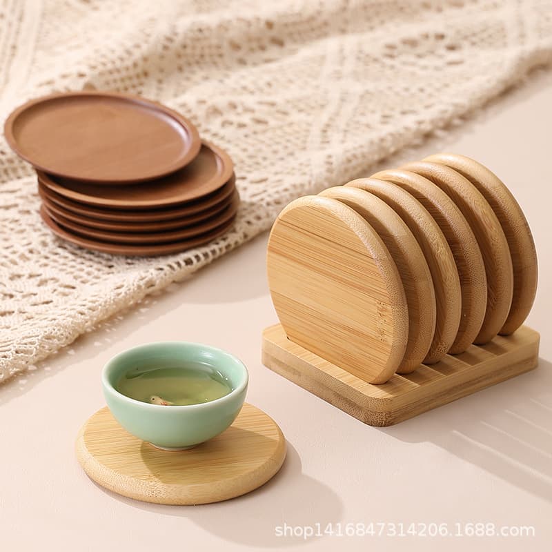 Bamboo and wood coaster set, solid wood base, tea cup holder, round water cup heat insulation mat, bamboo tea cup holder display stand.