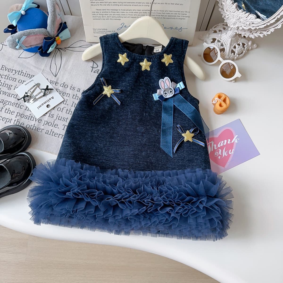 Winter girls' dress new thickened cartoon rabbit mesh vest dress little girl princess dress cross-border dropshipping