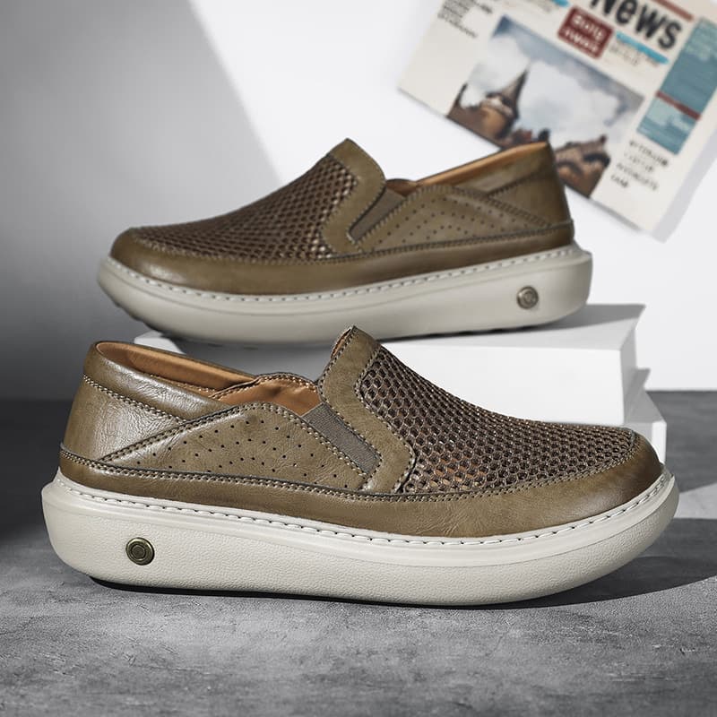 New Summer Hollow Mesh Shoe Leather Fabric Spliced Men's Shoes Slip-On Breathable Soft Sole Mesh Casual Shoes