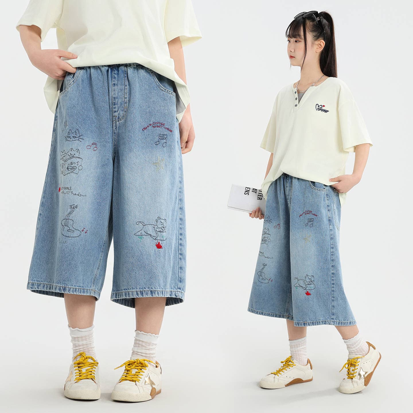 Girls' Jeans Summer Thin Mid-Large Kids Loose Capri Pants Washed Straight Wide Leg Student Wear
