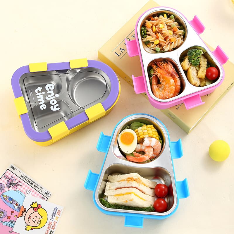 Cross-border single-layer 304 stainless steel lunch box for students and children with compartments and insulated lunch box, microwaveable with fork and spoon
