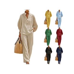 Women's Cotton Linen Two-Piece Set Batwing Sleeve Short Sleeve V-Neck Button Shirt with Wide Leg Pants Casual Outfit